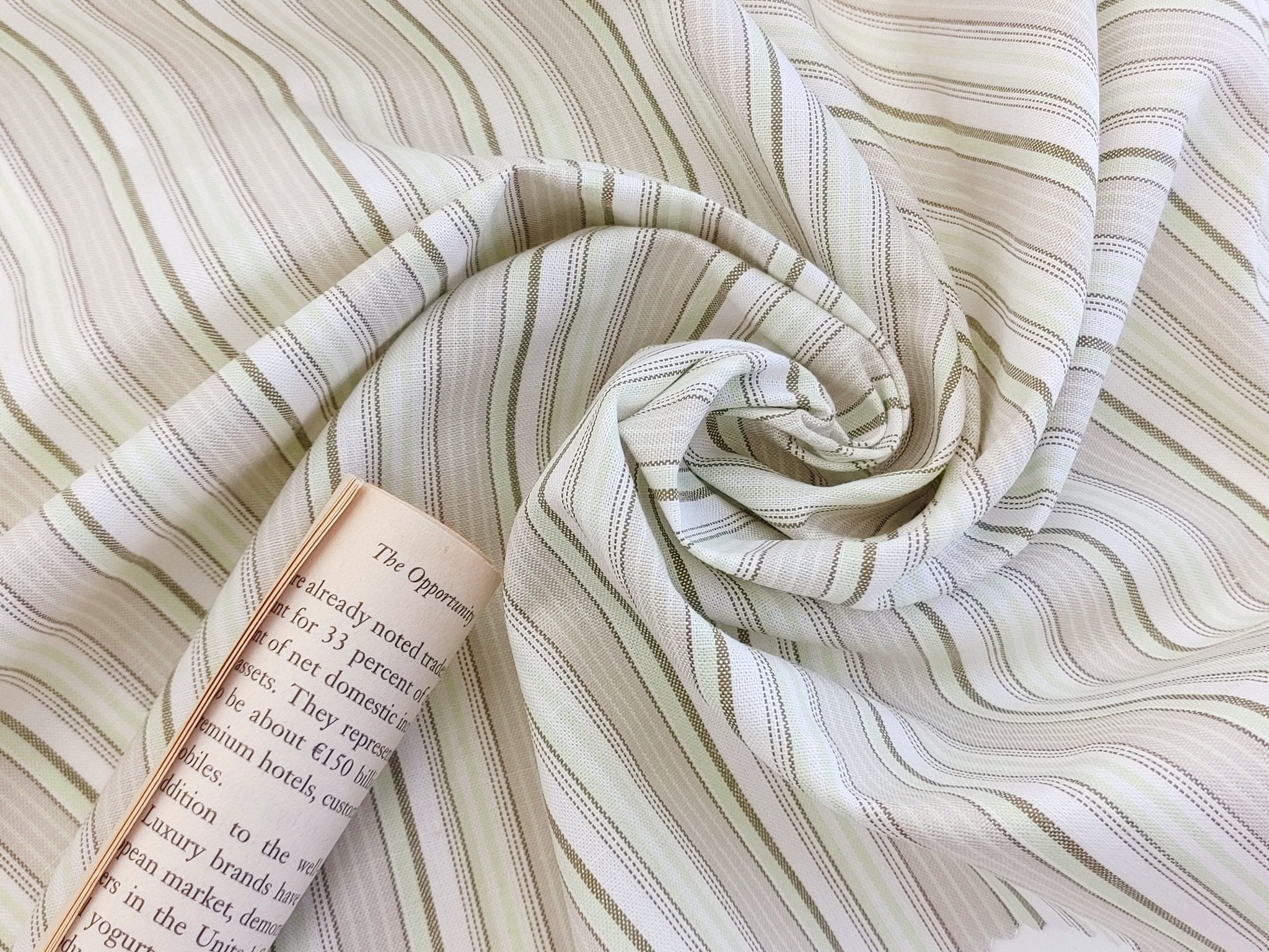 Green Stripe Cotton Ramie Fabric with Plain Weave 154 - The Linen Lab - Green