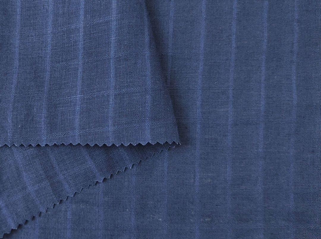 100% Linen Navy Color Fabric with Subtle Windowpane 4743 - The Linen Lab - Navy