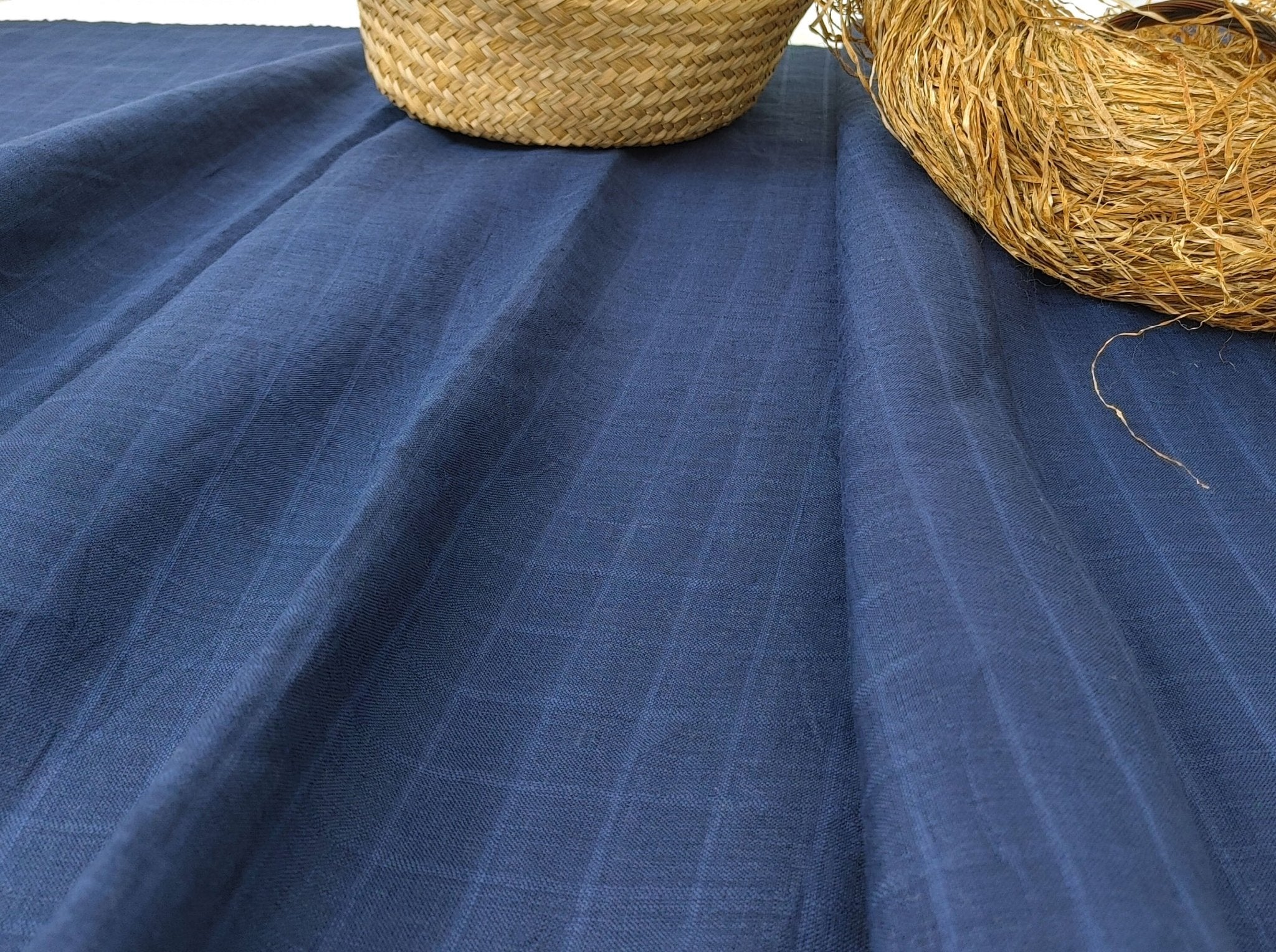 100% Linen Navy Color Fabric with Subtle Windowpane 4743 - The Linen Lab - Navy