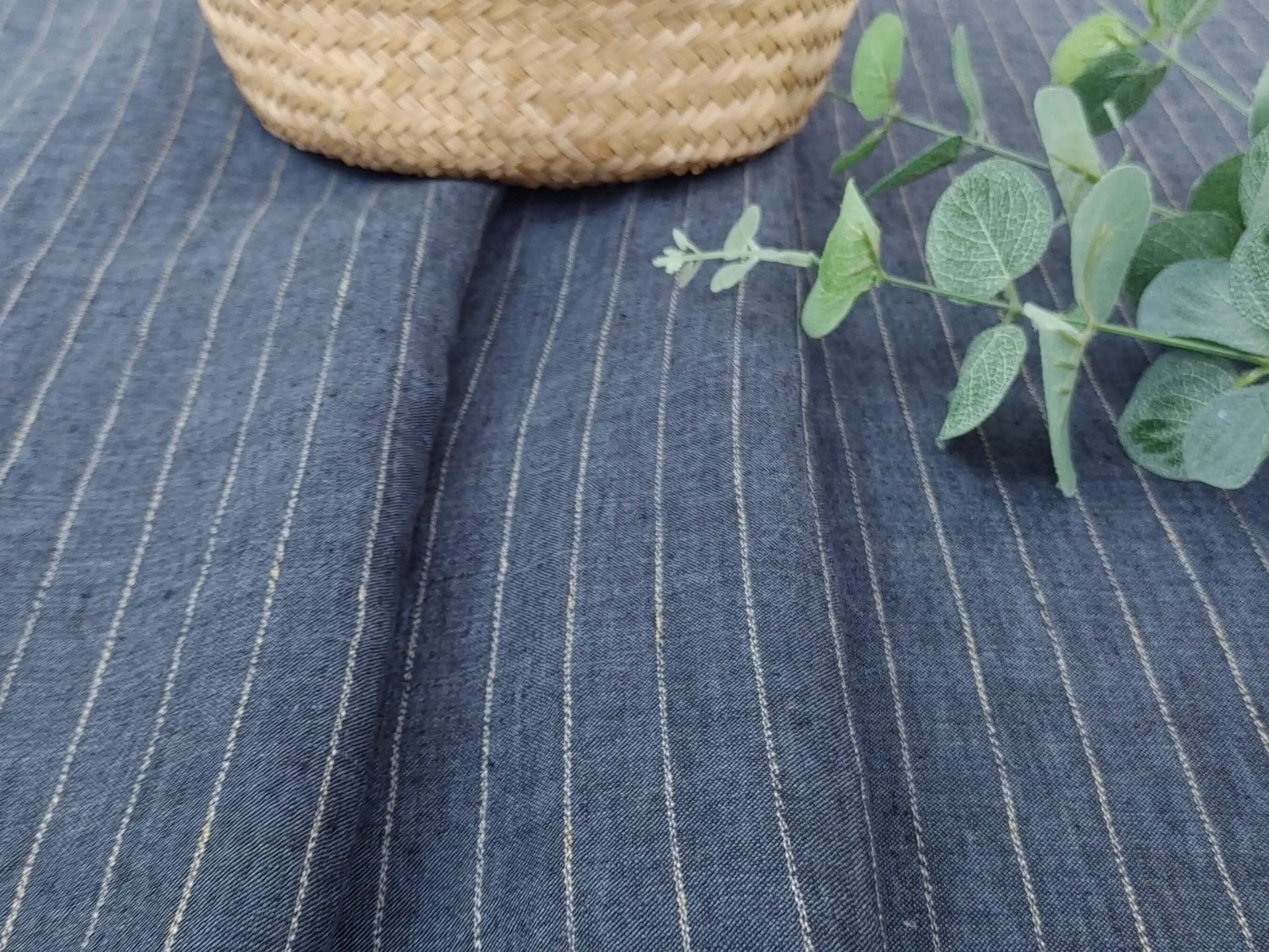 100% Linen Stripe Fabric: Dark Navy with Beige Stripes - Lightweight for Various Projects 7294 - The Linen Lab - Navy