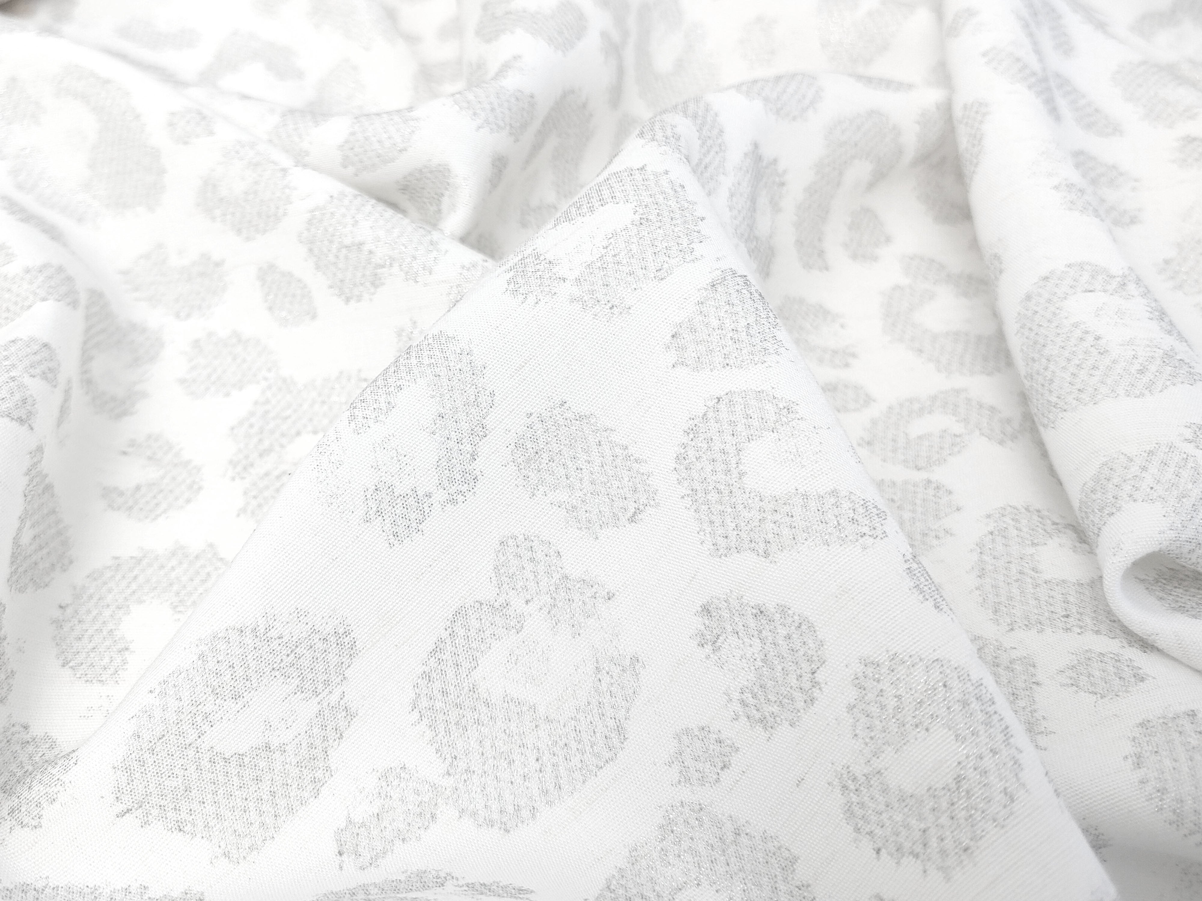 Silver Leopard: White Linen Rayon Fabric with Silver Foil Print 3668 2926