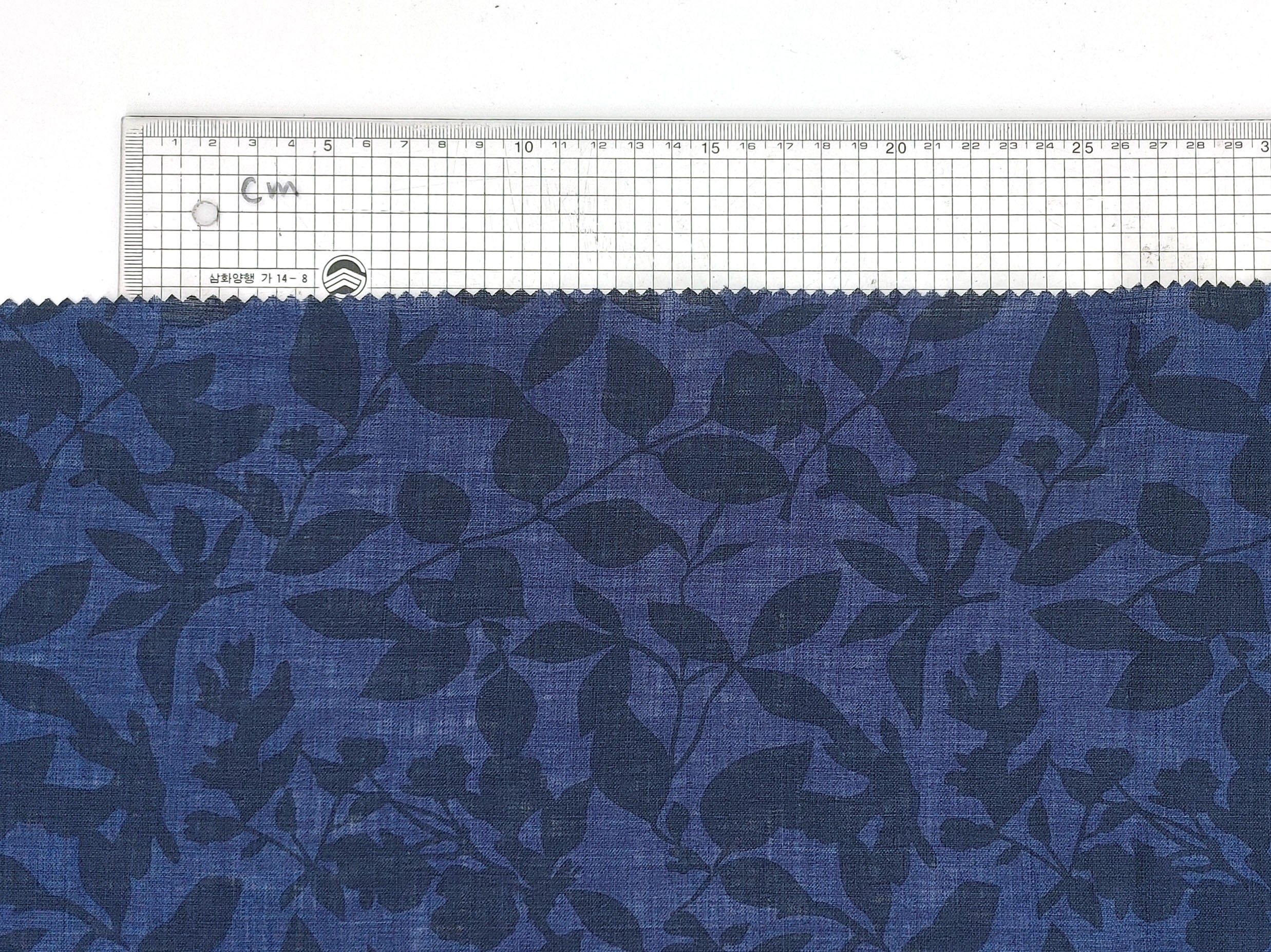 100% Linen Fabric – Delave Navy with Leaf Pattern Print 7343