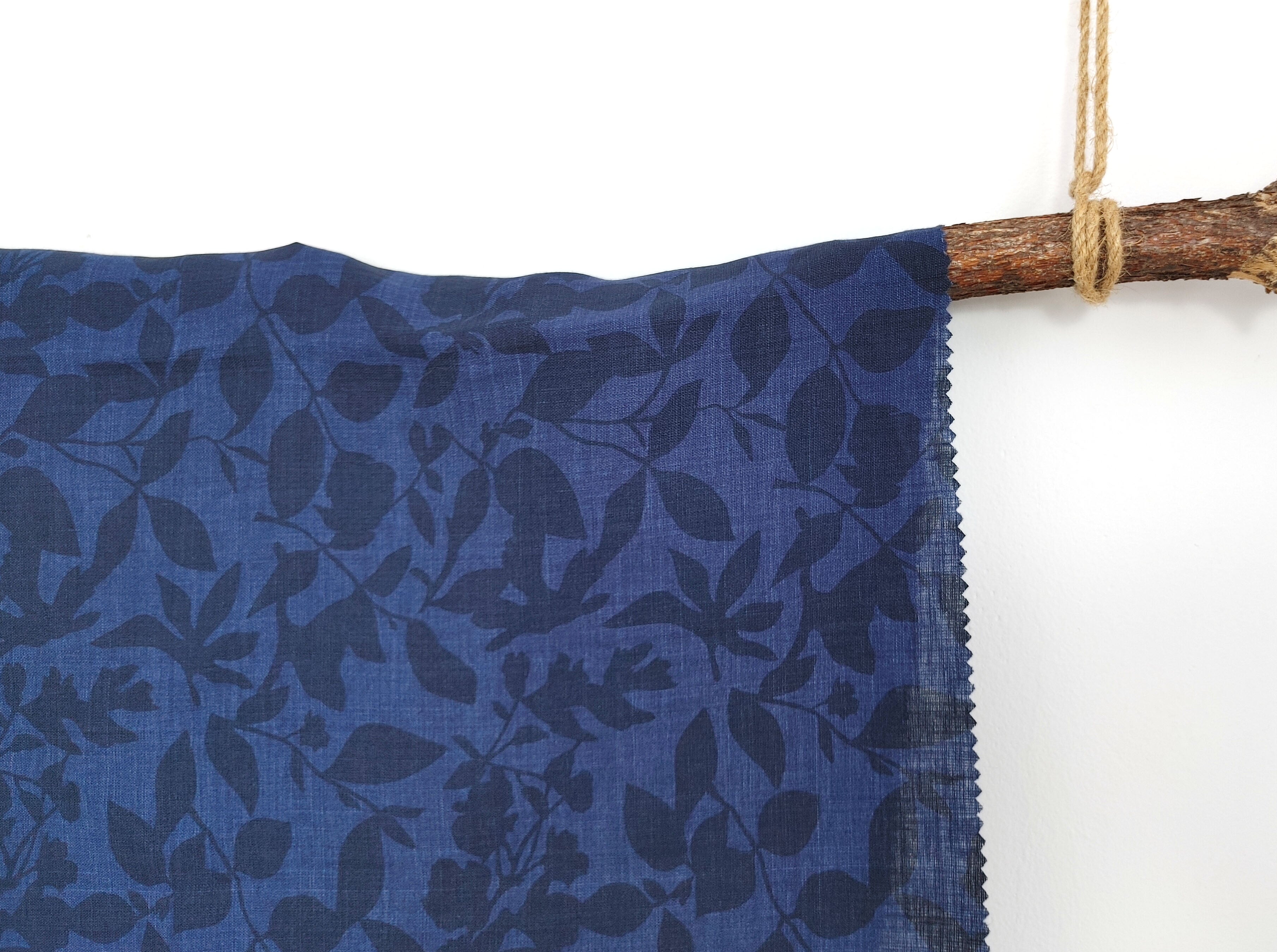 100% Linen Fabric – Delave Navy with Leaf Pattern Print 7343