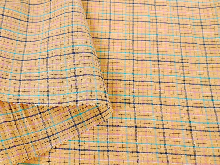 Orange Plaid Linen Blend Fabric with Wrinkle Texture 474