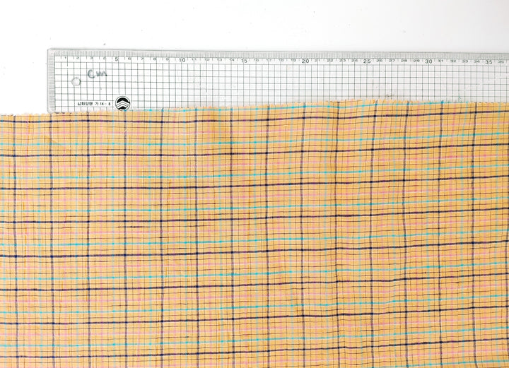 Orange Plaid Linen Blend Fabric with Wrinkle Texture 474