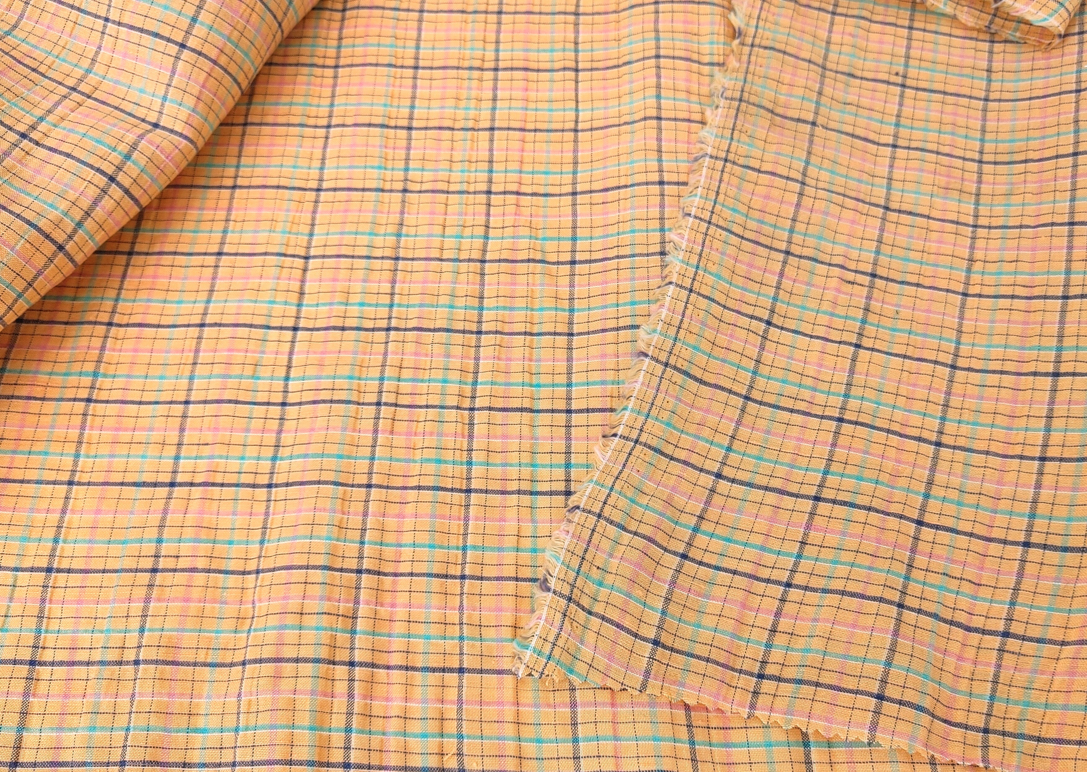 Orange Plaid Linen Blend Fabric with Wrinkle Texture 474