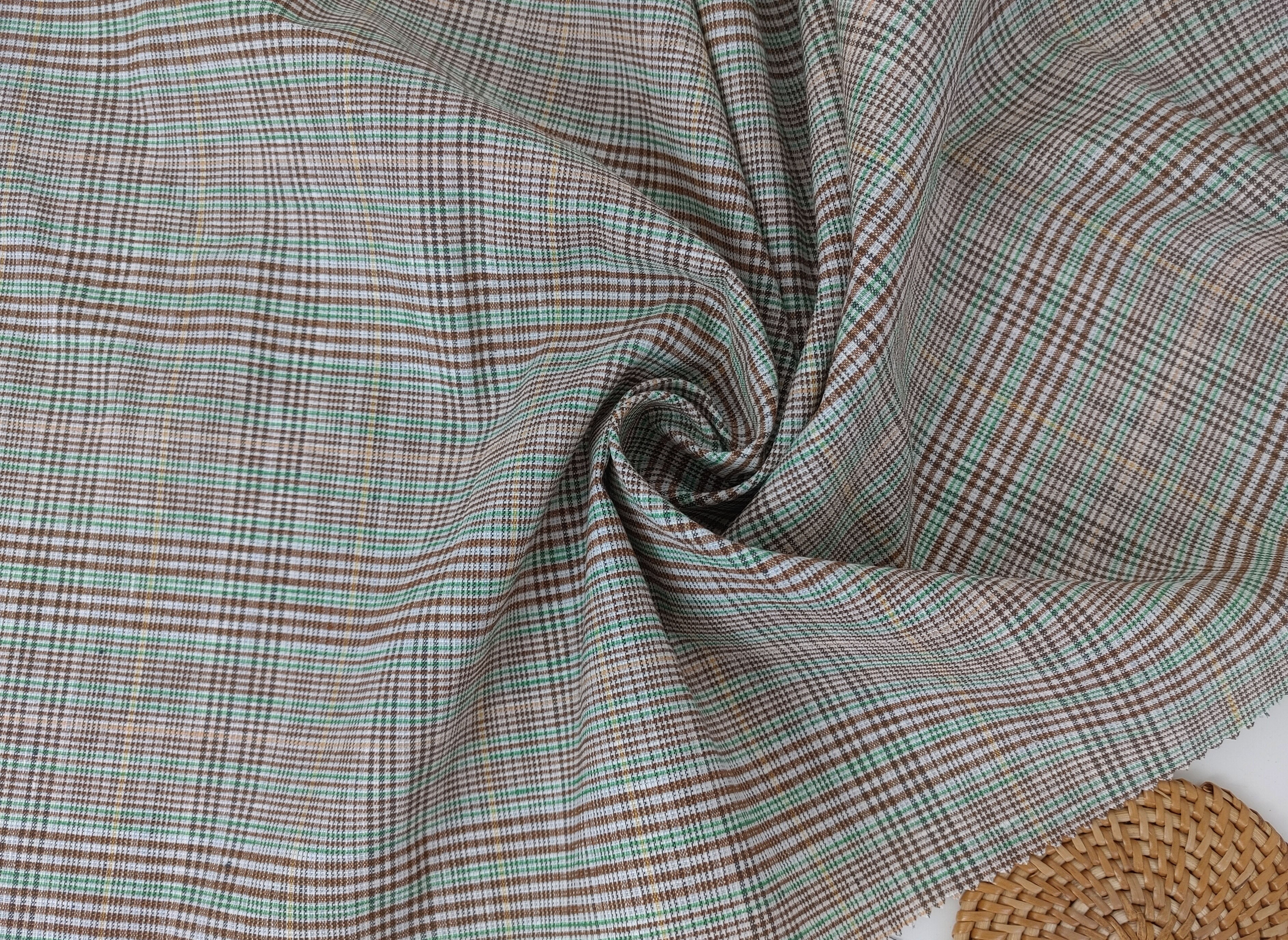 Green Linen-Polyester PU Stretch Plaid Fabric