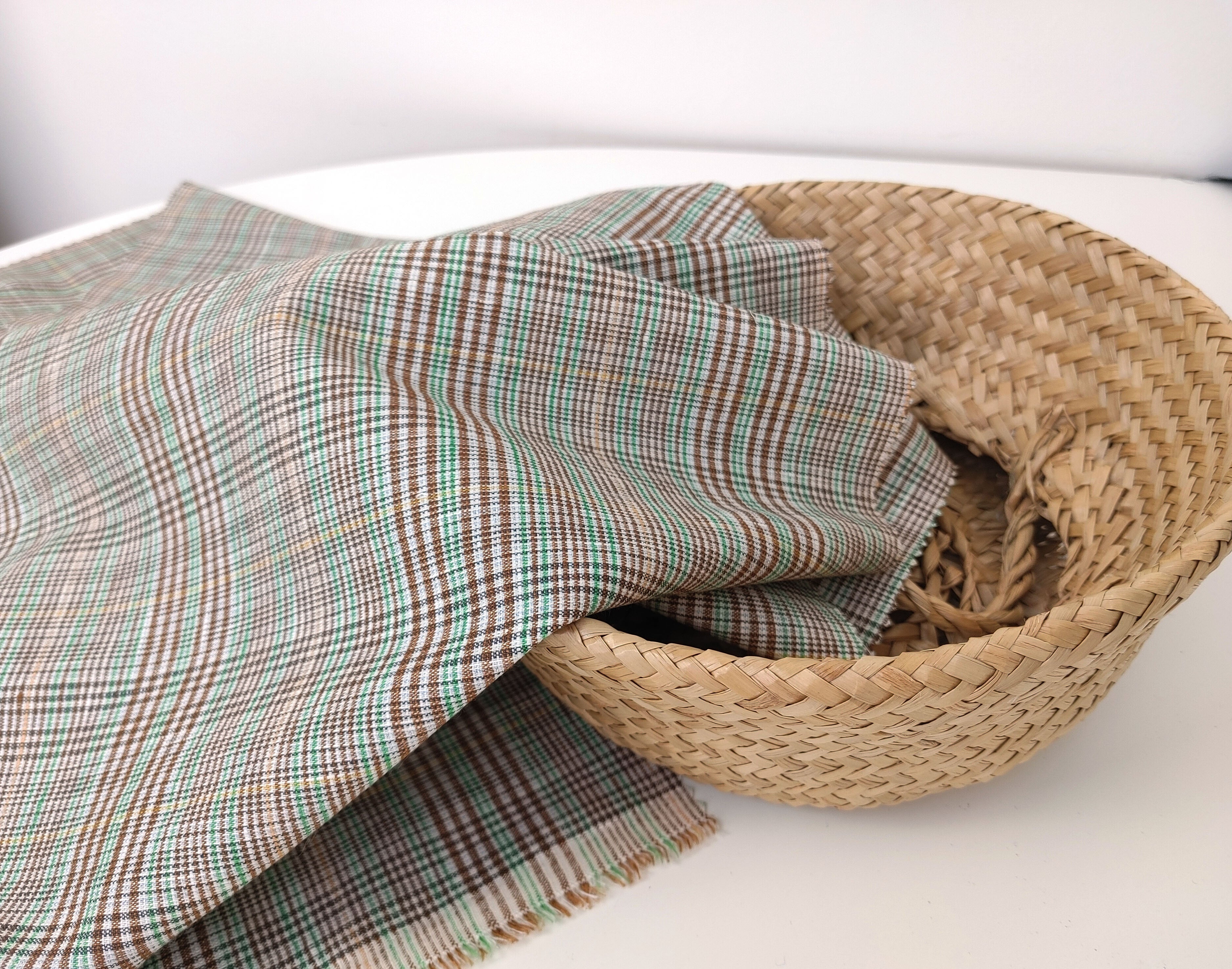 Green Linen-Polyester PU Stretch Plaid Fabric