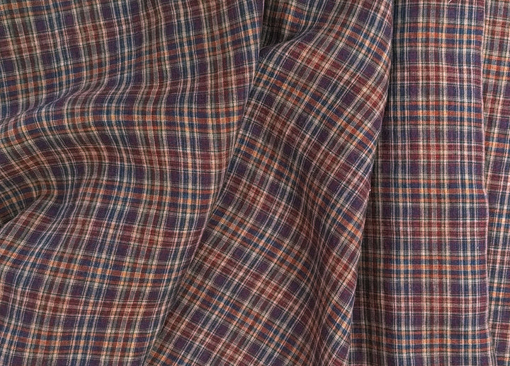 Deep Red Plaid Linen – 100% Linen Fabric, Medium Weight 7082
