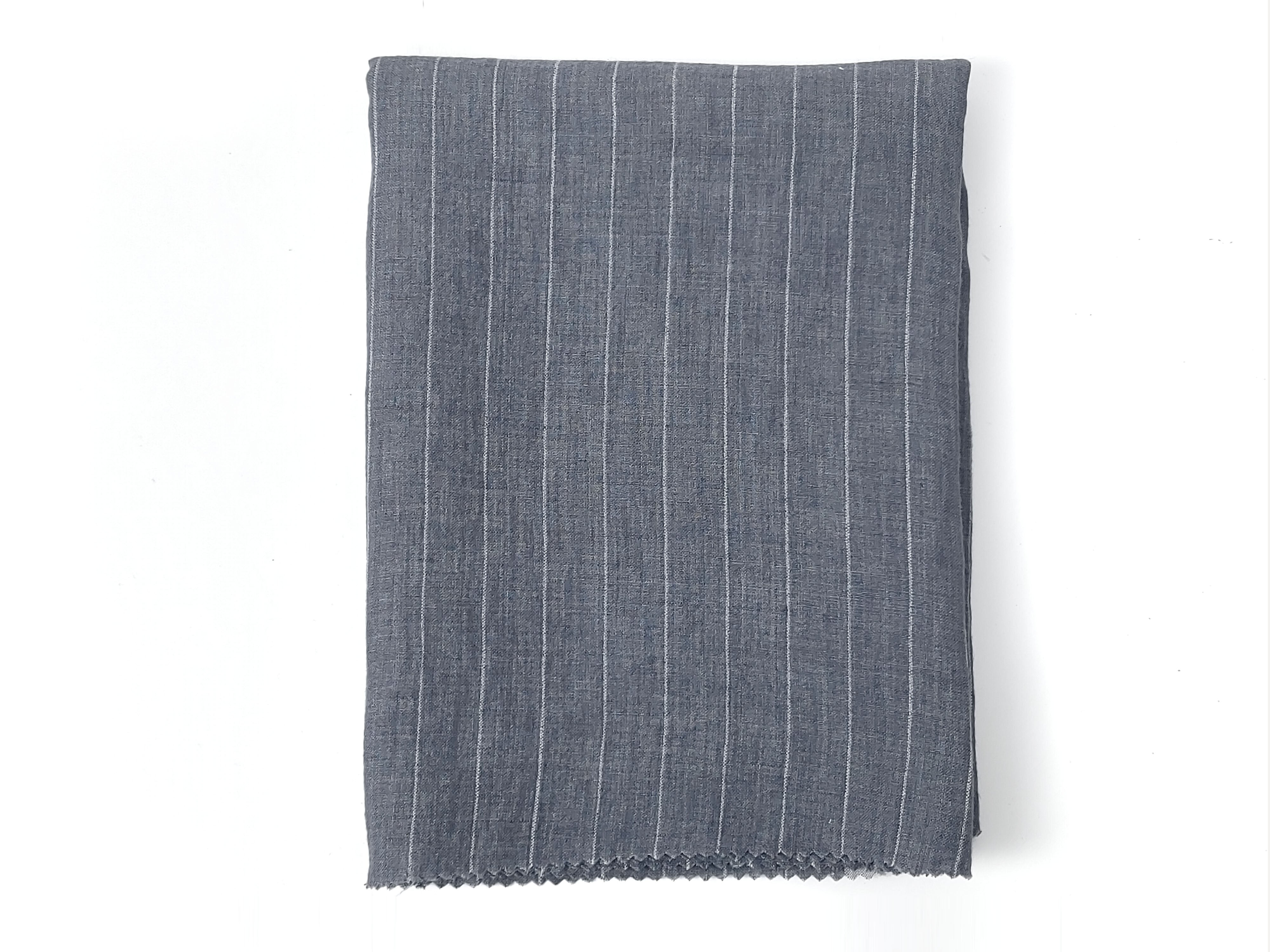 Crisp & Cool 100% Linen Fabric: Pre-Washed Grey with Fine White Pinstripes 8048