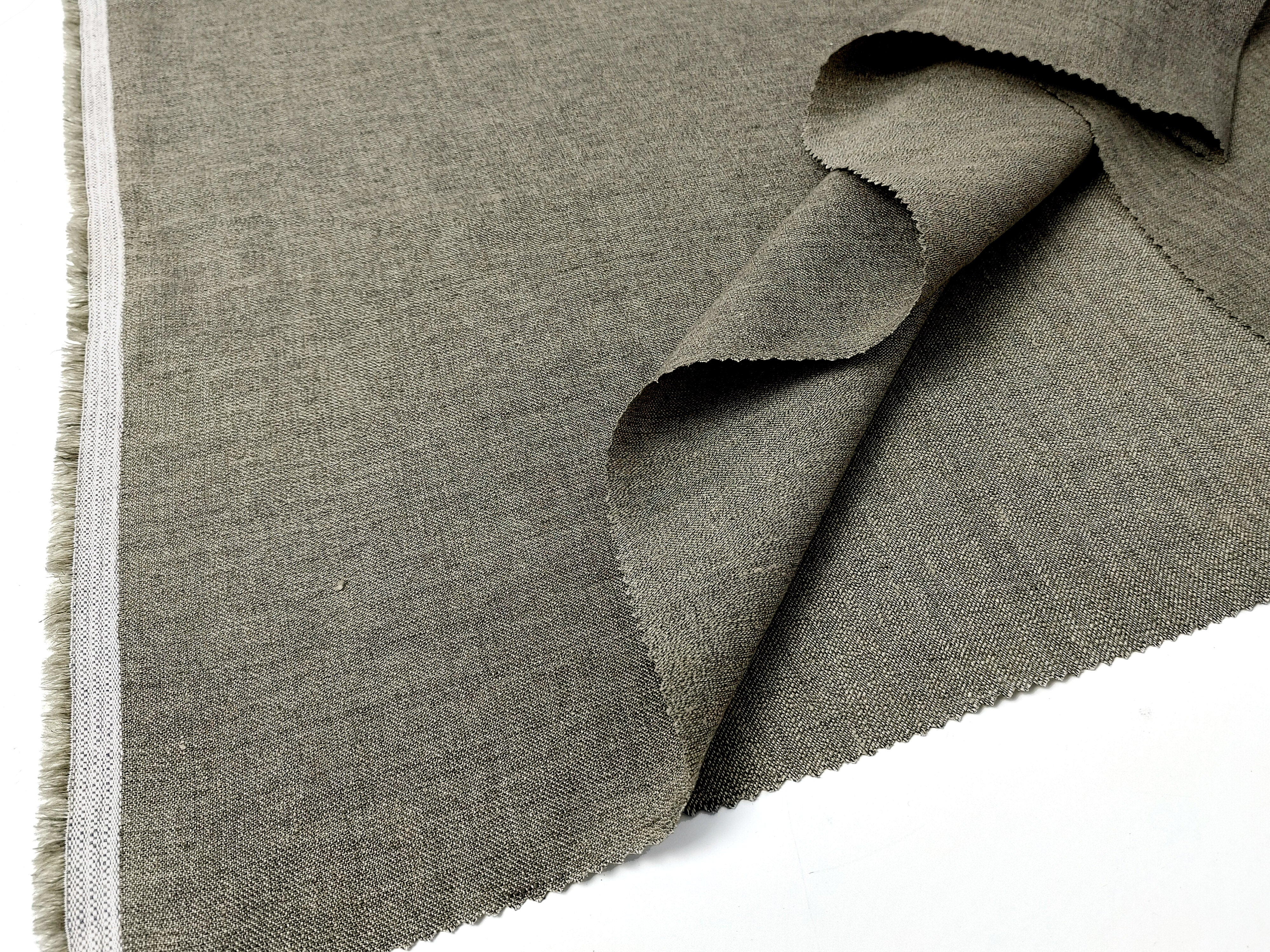 Twill Weave Khaki Chambray: Linen-Nylon Blend with Two-Tone Yarn & Pre-Washed Softness 8088