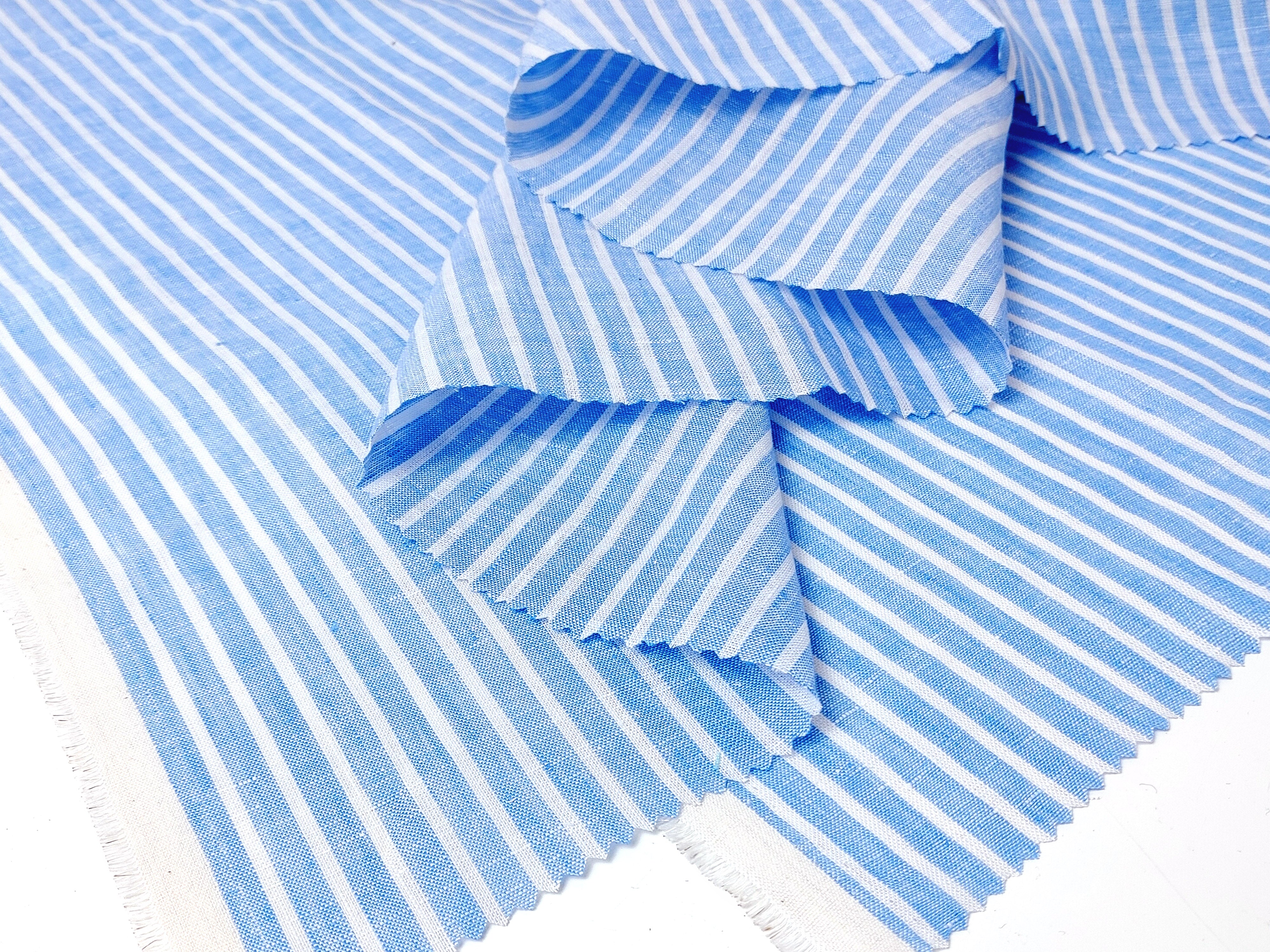 100% Linen Blue Striped Fabric: Lightweight and Soft with Pre-Washed Finish 8086