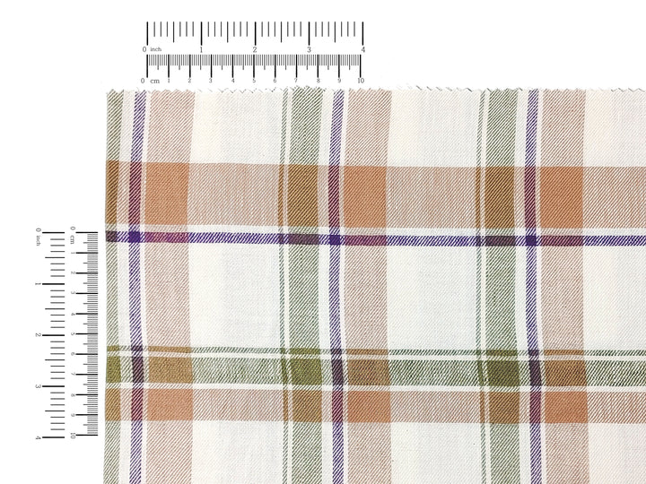 Linen-Cotton Beige Tartan Plaid Fabric, Twill Weave, Soft Finish, 4215