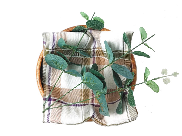Linen-Cotton Beige Tartan Plaid Fabric, Twill Weave, Soft Finish, 4215