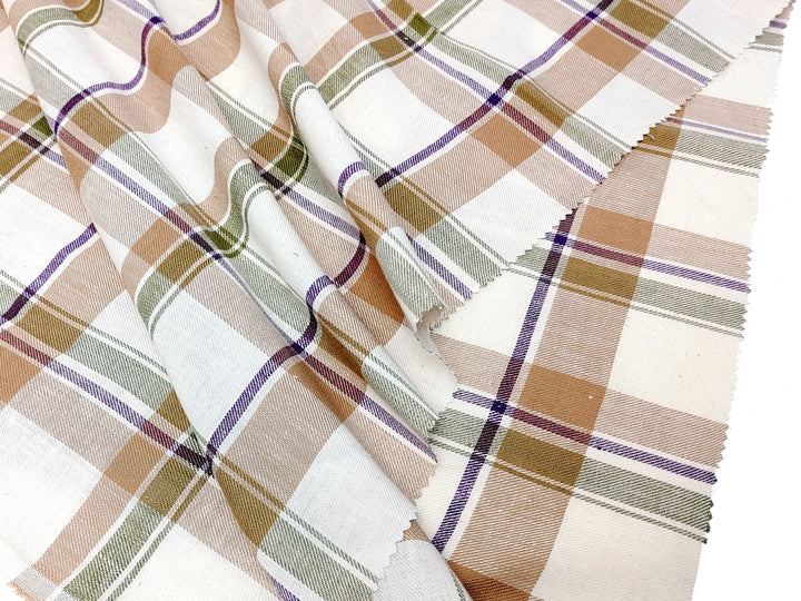 Linen-Cotton Beige Tartan Plaid Fabric, Twill Weave, Soft Finish, 4215