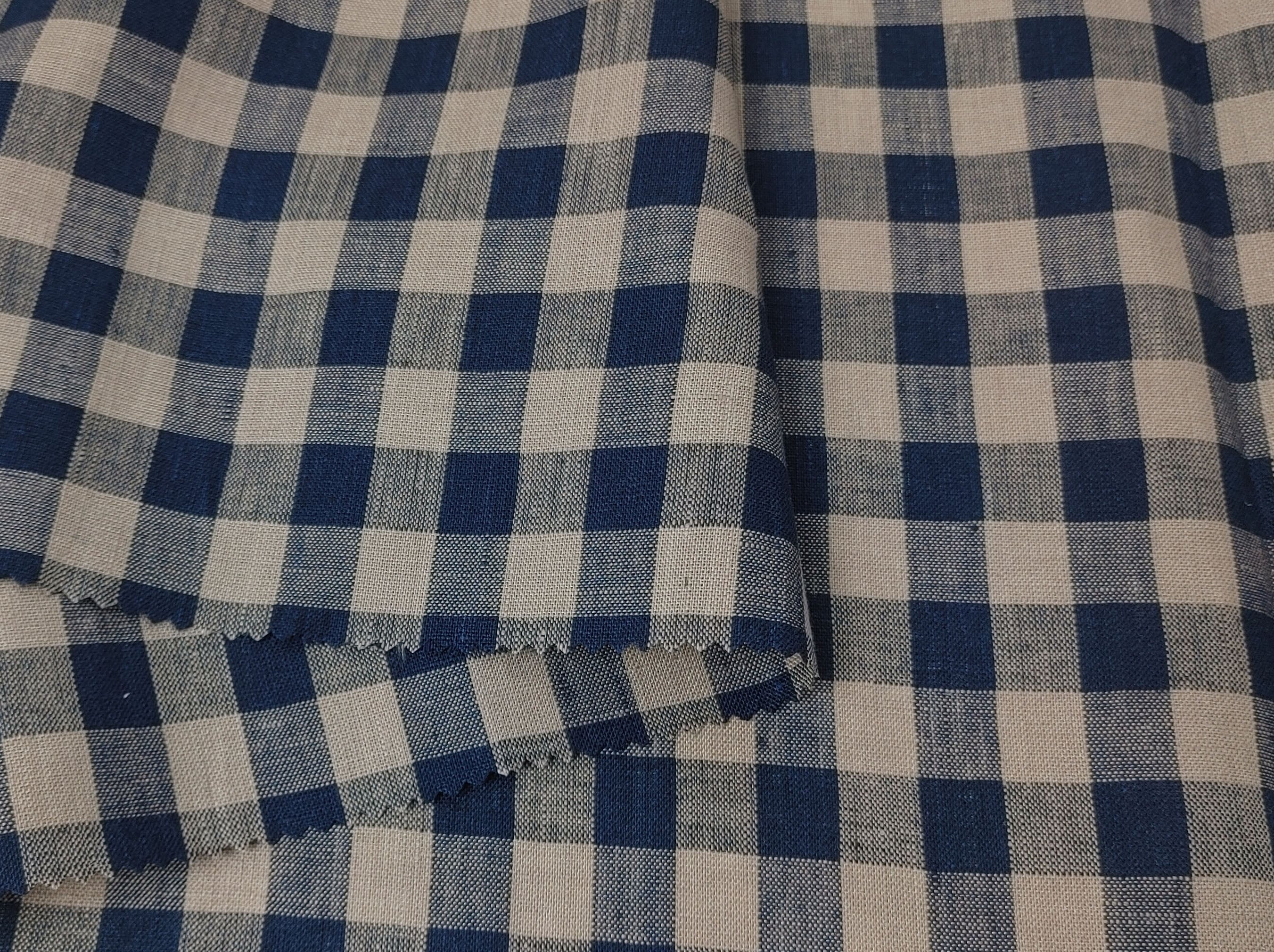 Classic Beige and Navy Gingham Check 100% Linen Fabric – Light to Medium Weight 8153