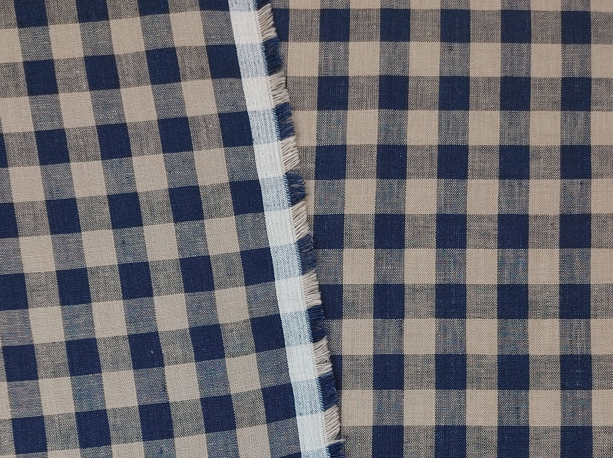 Classic Beige and Navy Gingham Check 100% Linen Fabric – Light to Medium Weight 8153