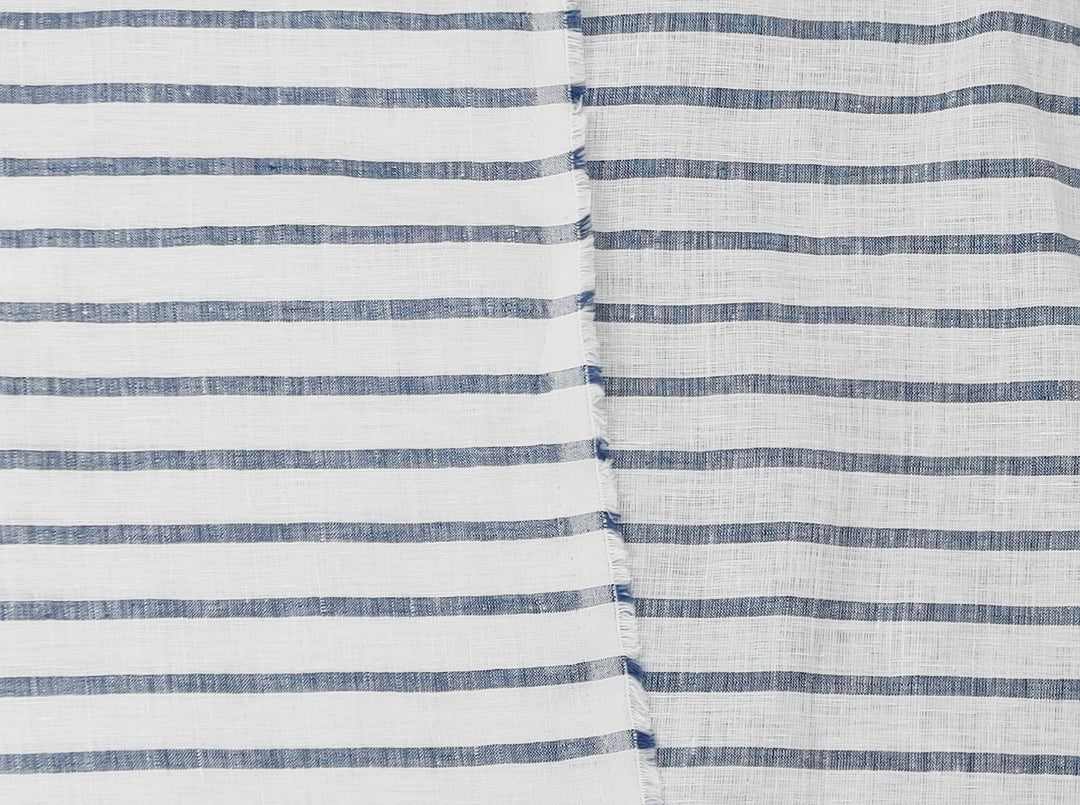 100% Linen Fabric – White Base with Horizontal Navy Stripes, Lightweight & Soft 4597
