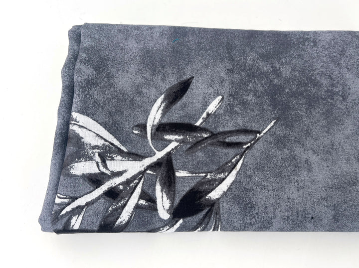100% Linen Printed Fabric – Grey with Large Olive Branch Pattern (46×32 inch Panel) 6931