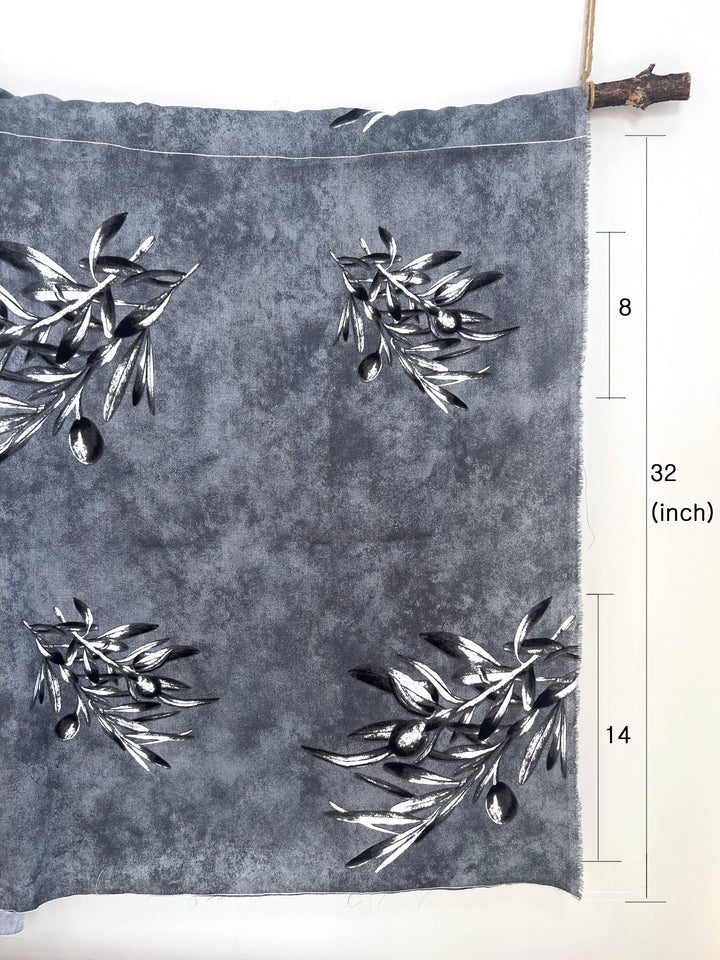 100% Linen Printed Fabric – Grey with Large Olive Branch Pattern (46×32 inch Panel) 6931