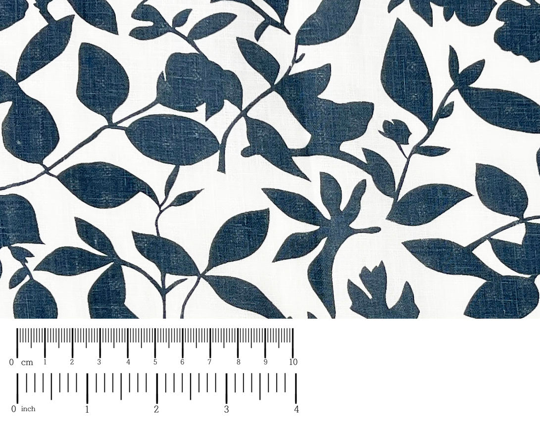 Navy Botanical Leaf Print on White Dobby Linen – 100% Linen, Lightweight 8191