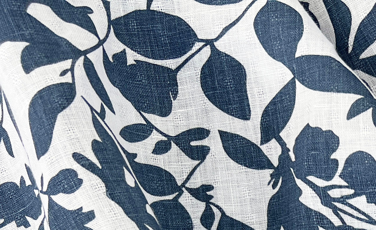 Navy Botanical Leaf Print on White Dobby Linen – 100% Linen, Lightweight 8191