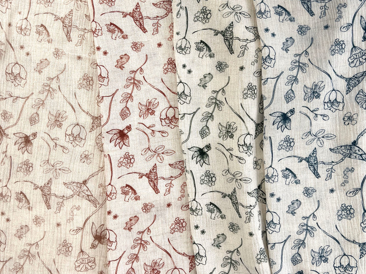 Birds of a Feather, Linen Rayon Print Fabric, Design by Madeline, Madswick Studio, 8222 8223 8224 8225
