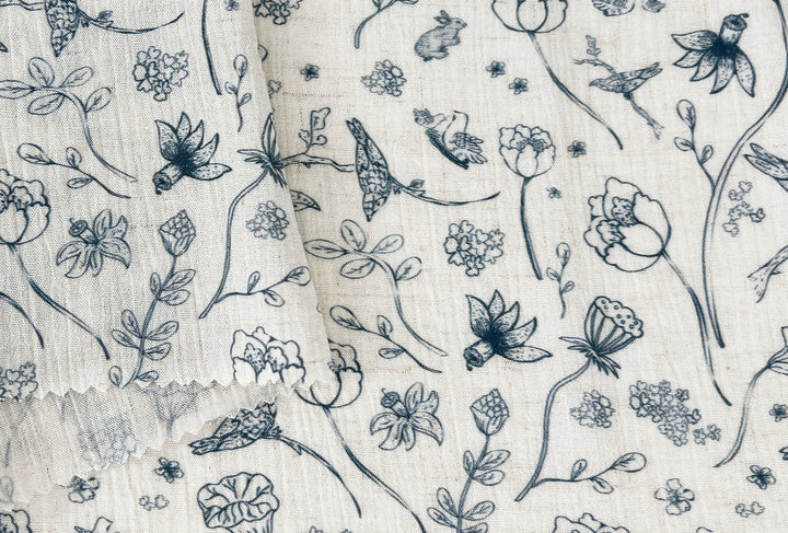 Birds of a Feather, Linen Rayon Print Fabric, Design by Madeline, Madswick Studio, 8222 8223 8224 8225