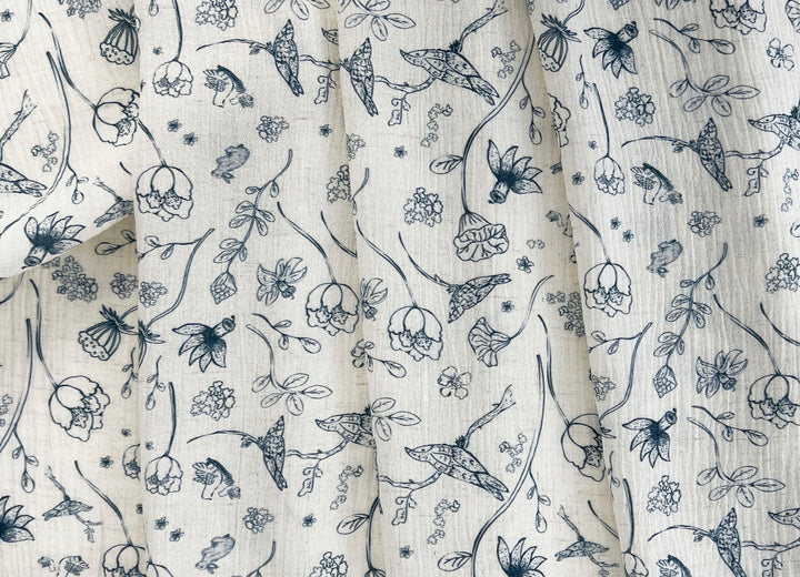Birds of a Feather, Linen Rayon Print Fabric, Design by Madeline, Madswick Studio, 8222 8223 8224 8225