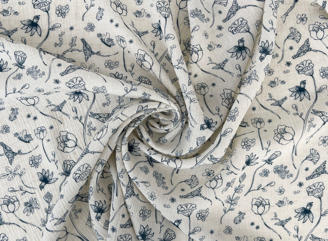 Birds of a Feather, Linen Rayon Print Fabric, Design by Madeline, Madswick Studio, 8222 8223 8224 8225