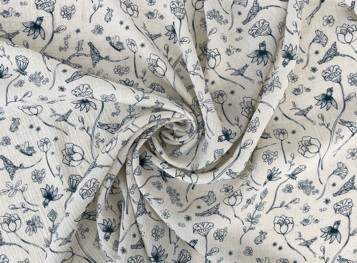 Birds of a Feather, Linen Rayon Print Fabric, Design by Madeline, Madswick Studio, 8222 8223 8224 8225