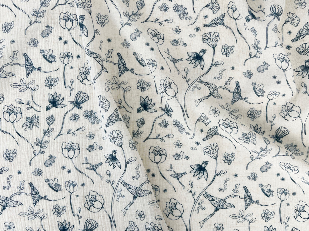 Birds of a Feather, Linen Rayon Print Fabric, Design by Madeline, Madswick Studio, 8222 8223 8224 8225