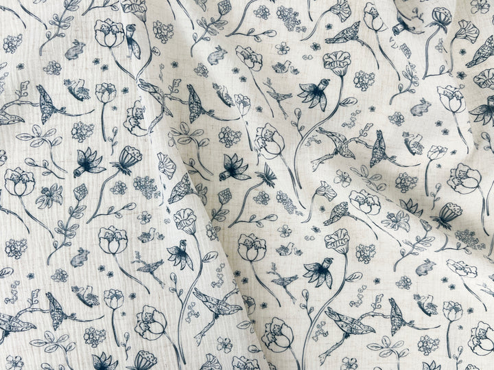 Birds of a Feather, Linen Rayon Print Fabric, Design by Madeline, Madswick Studio, 8222 8223 8224 8225
