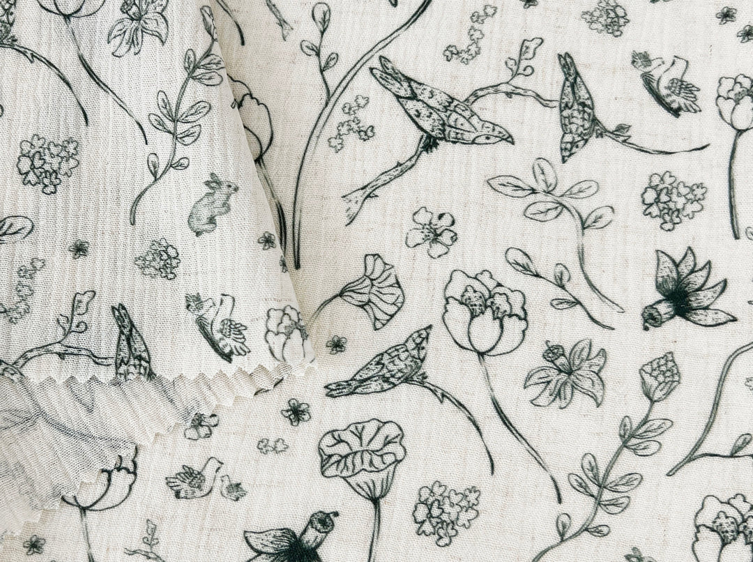 Birds of a Feather, Linen Rayon Print Fabric, Design by Madeline, Madswick Studio, 8222 8223 8224 8225