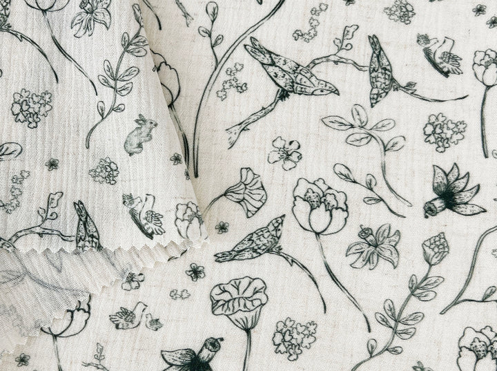 Birds of a Feather, Linen Rayon Print Fabric, Design by Madeline, Madswick Studio, 8222 8223 8224 8225