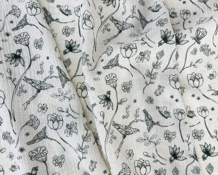 Birds of a Feather, Linen Rayon Print Fabric, Design by Madeline, Madswick Studio, 8222 8223 8224 8225