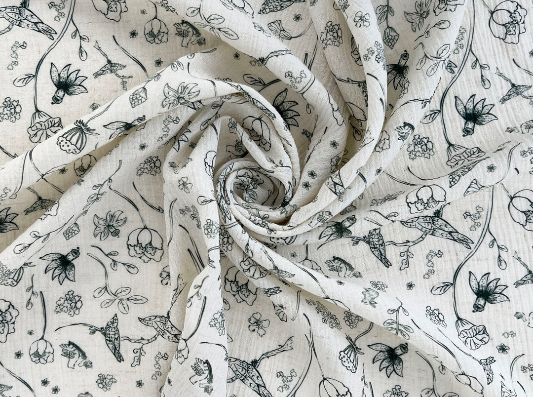 Birds of a Feather, Linen Rayon Print Fabric, Design by Madeline, Madswick Studio, 8222 8223 8224 8225