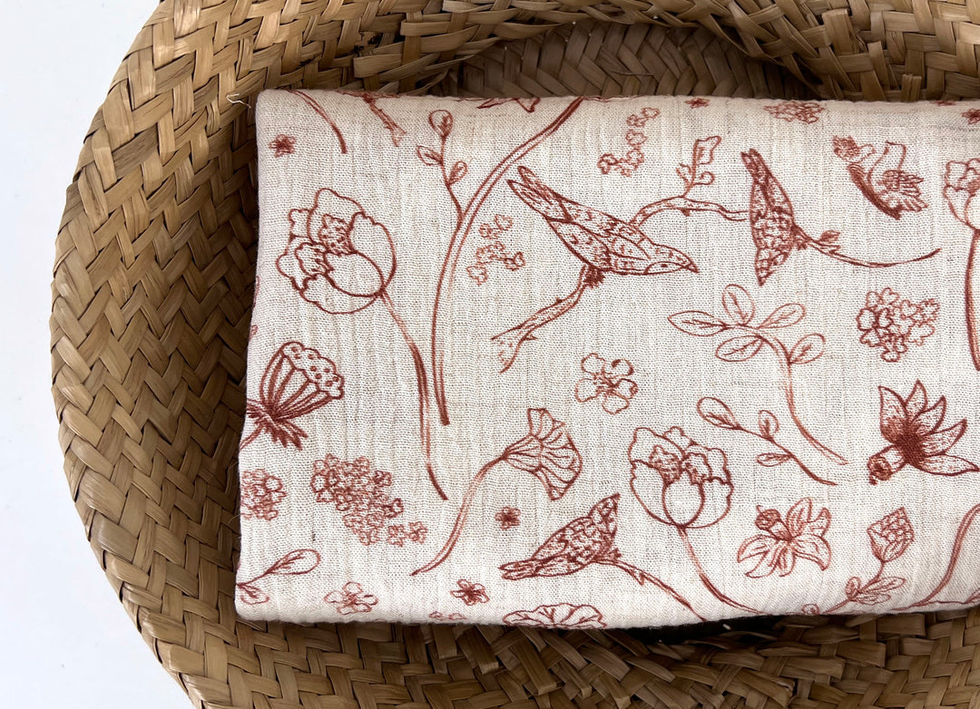 Birds of a Feather, Linen Rayon Print Fabric, Design by Madeline, Madswick Studio, 8222 8223 8224 8225