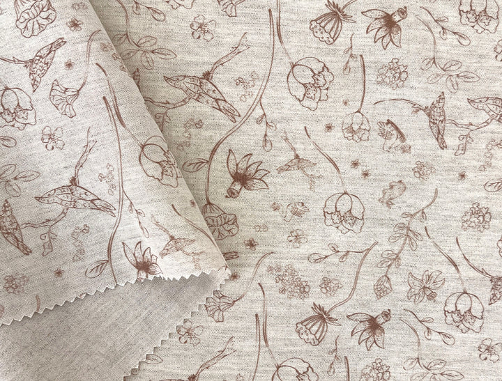 Birds of a Feather, Linen Rayon Silk Print Fabric, Design by Madeline, Madswick Studio, 8227 8228
