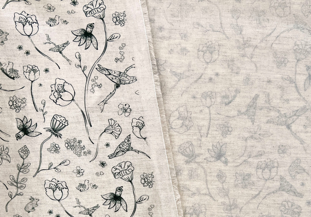 Birds of a Feather, Linen Rayon Silk Print Fabric, Design by Madeline, Madswick Studio, 8227 8228