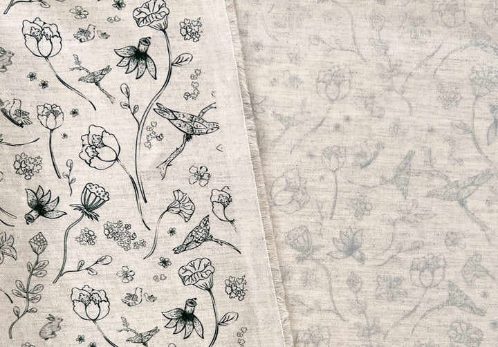 Birds of a Feather, Linen Rayon Silk Print Fabric, Design by Madeline, Madswick Studio, 8227 8228