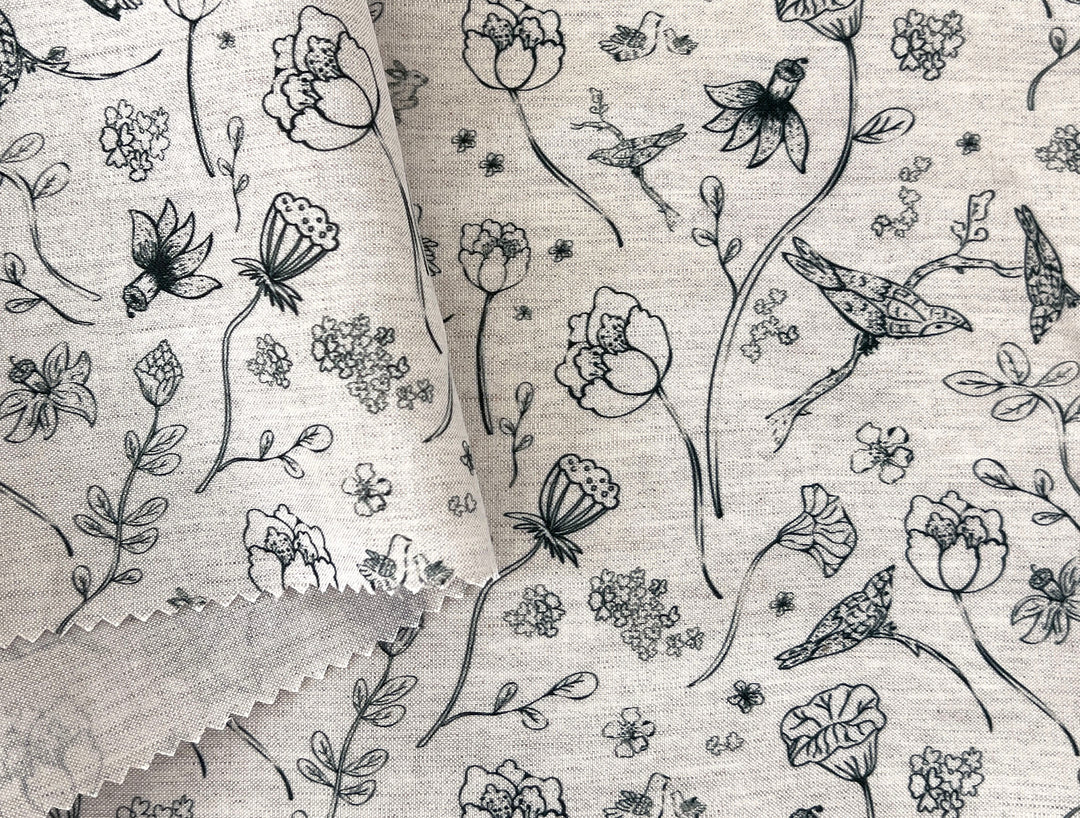 Birds of a Feather, Linen Rayon Silk Print Fabric, Design by Madeline, Madswick Studio, 8227 8228