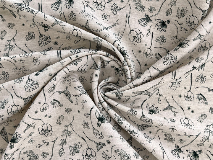Birds of a Feather, Linen Rayon Silk Print Fabric, Design by Madeline, Madswick Studio, 8227 8228