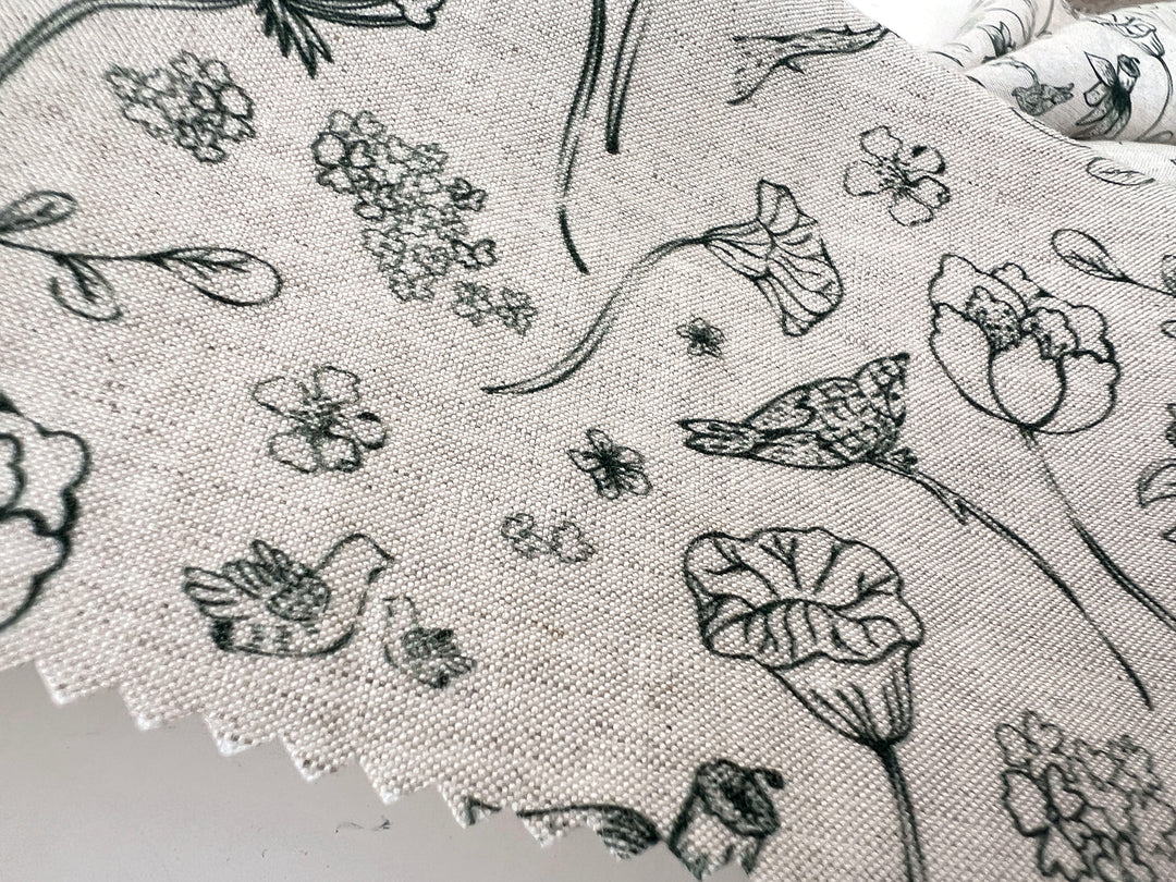 Birds of a Feather, Linen Rayon Silk Print Fabric, Design by Madeline, Madswick Studio, 8227 8228
