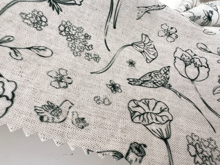 Birds of a Feather, Linen Rayon Silk Print Fabric, Design by Madeline, Madswick Studio, 8227 8228