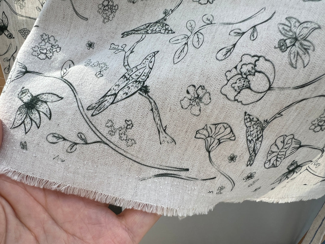 Birds of a Feather, Linen Rayon Silk Print Fabric, Design by Madeline, Madswick Studio, 8227 8228