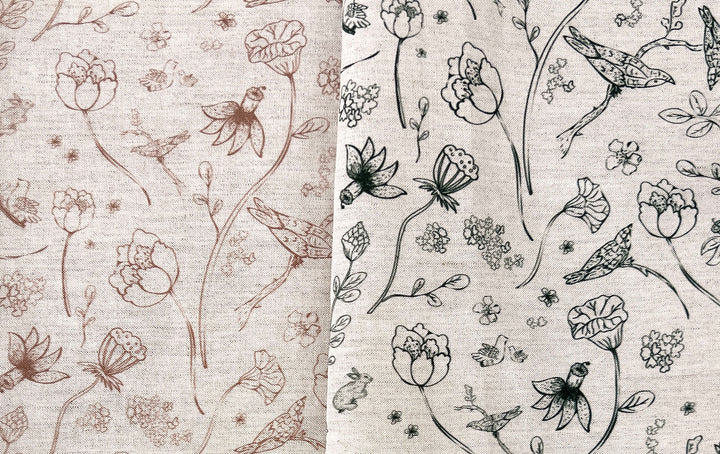 Birds of a Feather, Linen Rayon Silk Print Fabric, Design by Madeline, Madswick Studio, 8227 8228
