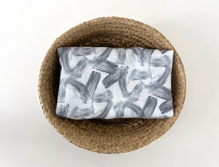Brushstroke Print 100% Linen Fabric – Grey on White, Dobby Texture, Light Weight 7641