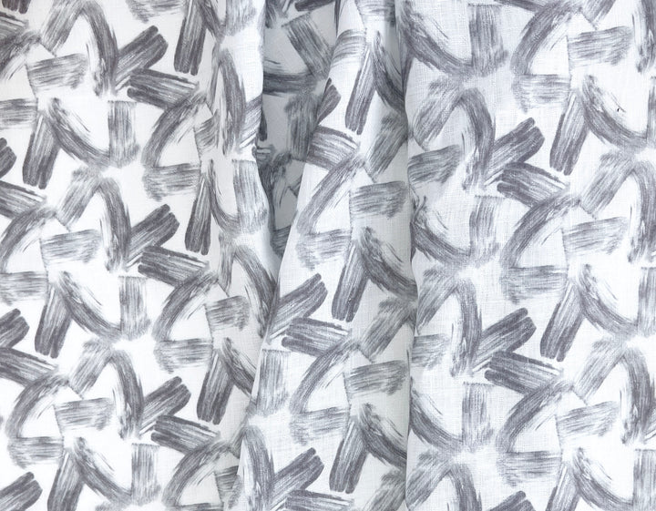 Brushstroke Print 100% Linen Fabric – Grey on White, Dobby Texture, Light Weight 7641