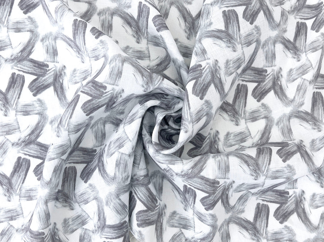 Brushstroke Print 100% Linen Fabric – Grey on White, Dobby Texture, Light Weight 7641